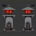 Industrial Style Silver Towers With Red Lights And Decorative Doors On Square Base