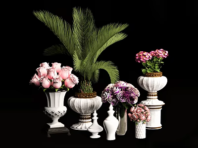 Decorative White Vases With Pink Roses Green Palm Leaves And Purple Flowers 3d model