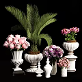 Decorative White Vases With Pink Roses Green Palm Leaves And Purple Flowers