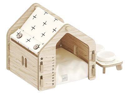 Cozy Wooden Pet House Furniture With Soft Cross Pattern Cushion And Side Bowls 3d model