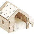 Cozy Wooden Pet House Furniture With Soft Cross Pattern Cushion And Side Bowls
