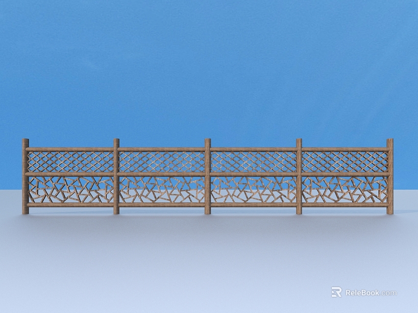 Wooden Garden Railing Design With Intricate Carved Patterns Against Blue Background 3d model 