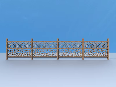 Wooden Garden Railing Design With Intricate Carved Patterns Against Blue Background 3d model