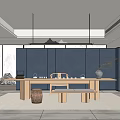Minimalist Tea Room Interior With Long Wooden Table Dark Wall And Decorative Branch
