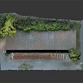 Cartoon Scene Featuring Textured Brick Wall Green Trees Wooden Roof And Small Platform