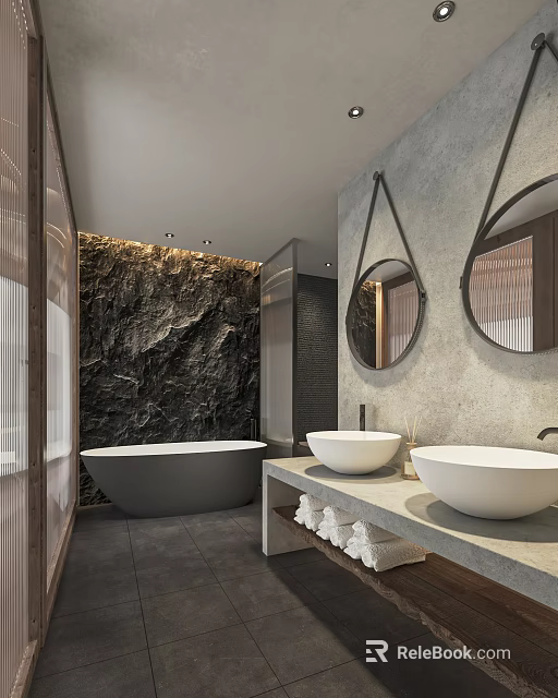 Elegant Modern Hotel Bathroom With Double Sinks Freestanding Bathtub Stone Texture Wall And Round Mirrors 3d model 