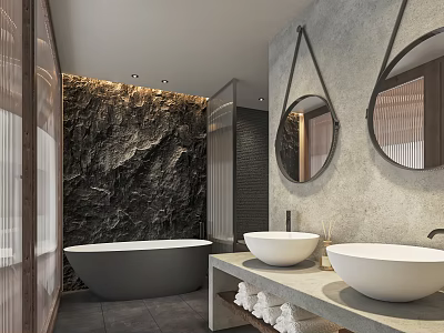Elegant Modern Hotel Bathroom With Double Sinks Freestanding Bathtub Stone Texture Wall And Round Mirrors 3d model