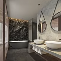 Elegant Modern Hotel Bathroom With Double Sinks Freestanding Bathtub Stone Texture Wall And Round Mirrors