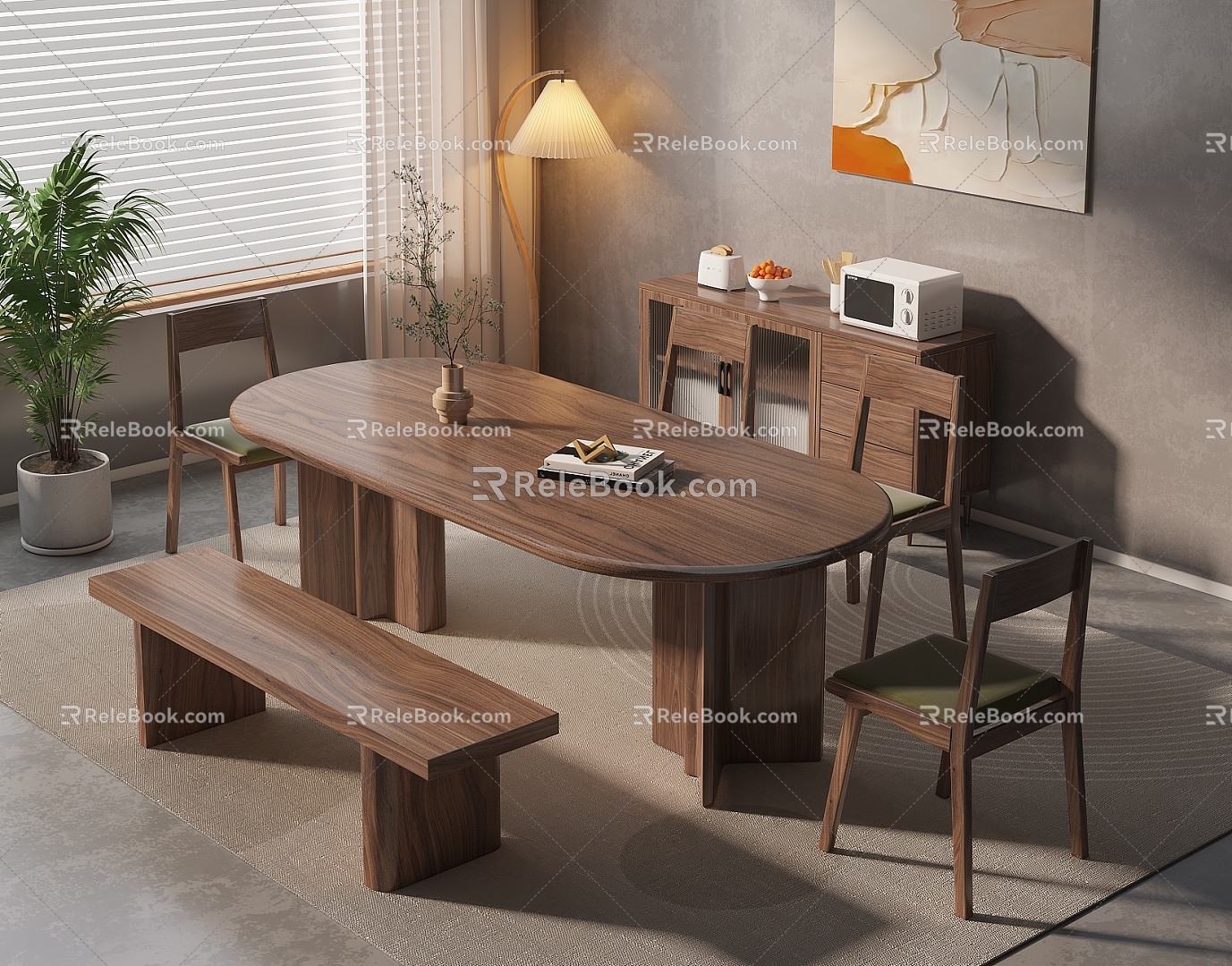 Home Furnishing Restaurant Solid Wood Dining Table and Chair Combination Solid Wood Dining Chair Six-seat Low Stool Solid Wood Sideboard 3d model