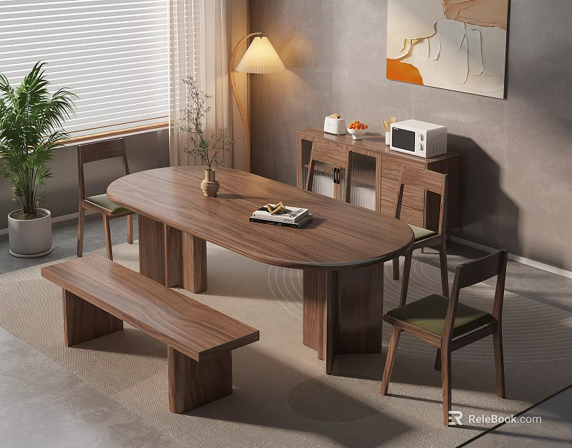 Walnut Oval Dining Table Set With Bench Chairs Potted Plant Lamp And Wall Artwork 3d model 