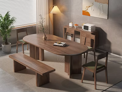 Walnut Oval Dining Table Set With Bench Chairs Potted Plant Lamp And Wall Artwork 3d model