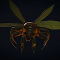 Mechanical Dragonfly Creature With Orange Yellow Body Glowing Green Head Mechanical Wings And Claws
