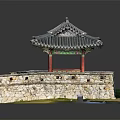 Traditional Korean Pavilion With Gray Tiled Roof And Red Columns By Stone Wall
