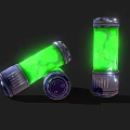 Three Green Glowing Cylindrical Objects With Metal Base And Top Standing And Tilted