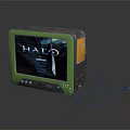 Halo Themed TV with Green and Orange Case Screen Displaying 117 and Connected Cable
