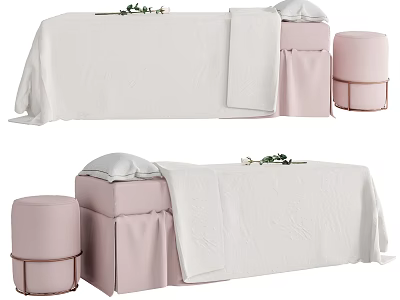 Elegant Massage Bed With White Sheet Pillow Blanket Pink Round Stool And Flower 3d model