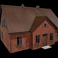 Cartoon Style Vintage House With Brown Tiled Roof Reddish Brown Walls Multiple Windows And Chimney
