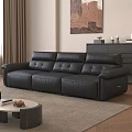 Modern Living Room Interior Design With Black Leather Sofa Coffee Table And Wall Painting