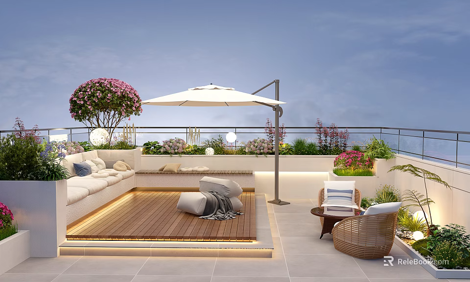Rooftop Garden With Wooden Deck White Sofa Umbrella Lush Plants And Pink Flowers 3d model 