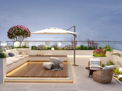 Rooftop Garden With Wooden Deck White Sofa Umbrella Lush Plants And Pink Flowers 3d model