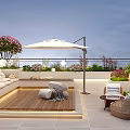 Rooftop Garden With Wooden Deck White Sofa Umbrella Lush Plants And Pink Flowers