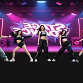 Women Dancing on Dance Stage with Neon Lights Wearing Black Tops and Various Pants