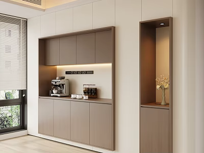 Modern Sideboard with Light Brown Cabinets LED Lighting Coffee Machine and Vase Decor 3d model