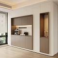 Modern Sideboard with Light Brown Cabinets LED Lighting Coffee Machine and Vase Decor
