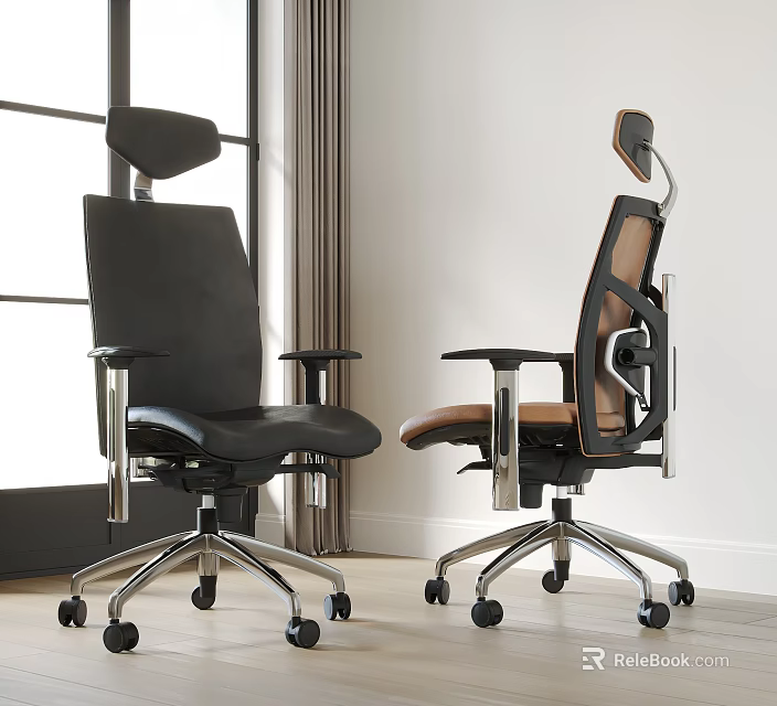 Ergonomic Black And Brown Office Chairs With Adjustable Headrests Armrests And Metal Base Wheels 3d model 