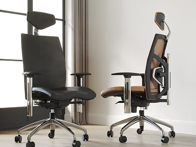Ergonomic Black And Brown Office Chairs With Adjustable Headrests Armrests And Metal Base Wheels 3d model