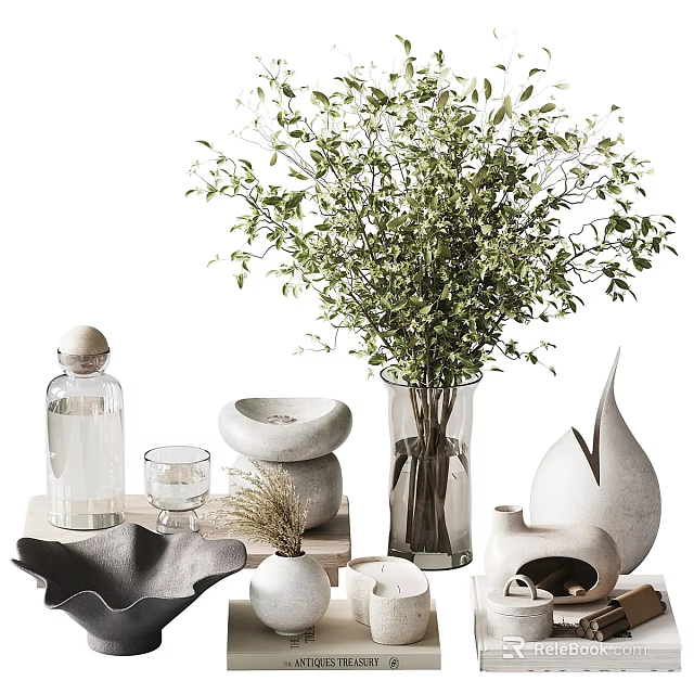 Decorative Ornament Set With Greenery Vase Ceramic Bowl Glass Bottle And Stone Decor 3d model 