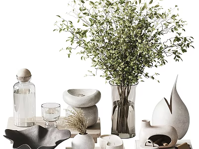 Decorative Ornament Set With Greenery Vase Ceramic Bowl Glass Bottle And Stone Decor 3d model