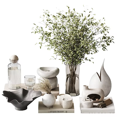 Decorative Ornament Set With Greenery Vase Ceramic Bowl Glass Bottle And Stone Decor 3d model