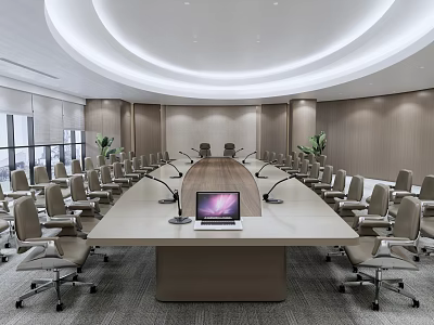 Modern Spacious Conference Room With Long Table Laptop Microphones Chairs And Large Windows 3d model