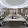 Modern Spacious Conference Room With Long Table Laptop Microphones Chairs And Large Windows