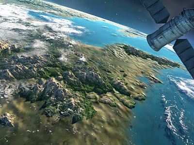 Earth View From Space With Orbiting Satellite And Natural Landscapes 3d model