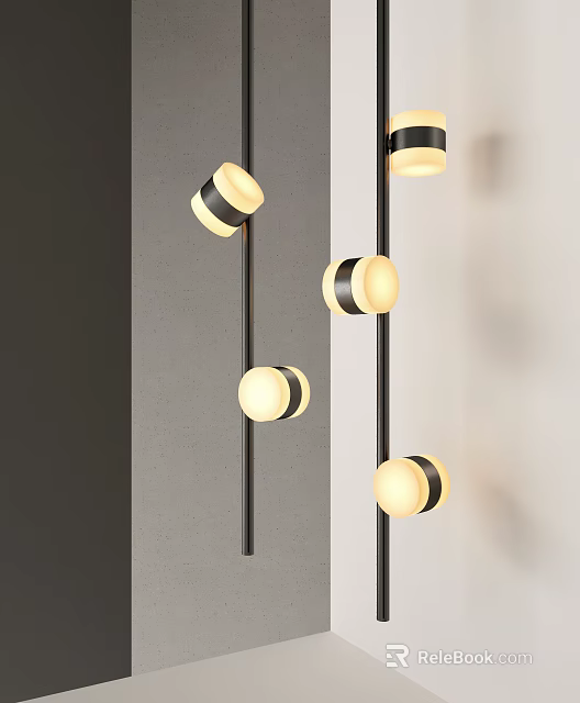 Modern Minimalist Pendant Lights with Black Rods and Round Lampshades and Warm Yellow Lighting 3d model 