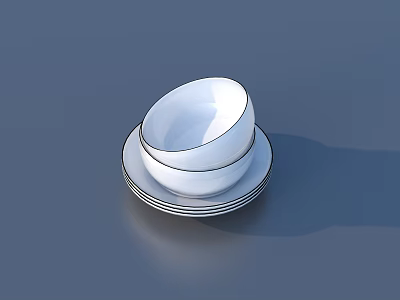 White Dinnerware Set With Stacked Bowl And Plates On Deep Blue Background 3d model