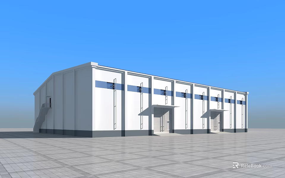 Modern Industrial Factory Building With White Exterior Blue Stripes And Multiple Entrances 3d model 