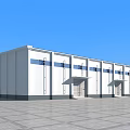 Modern Industrial Factory Building With White Exterior Blue Stripes And Multiple Entrances