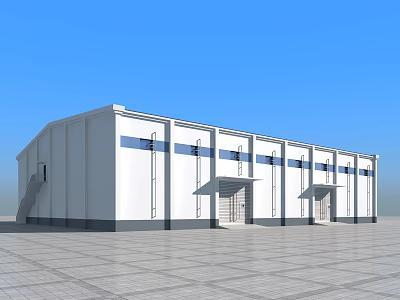 Modern Industrial Factory Building With White Exterior Blue Stripes And Multiple Entrances 3d model