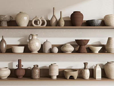 Ceramic Vessels Displayed on Wooden Shelves with Various Shapes and Natural Tones 3d model