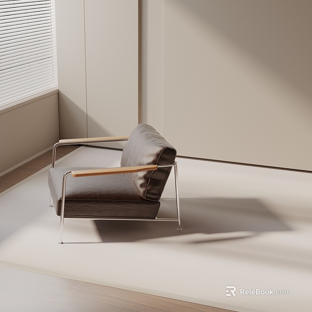 Modern Minimalist Accent Chair With Metal Frame Wooden Armrests Gray Cushion 3d model 