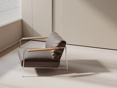 Modern Minimalist Accent Chair With Metal Frame Wooden Armrests Gray Cushion 3d model