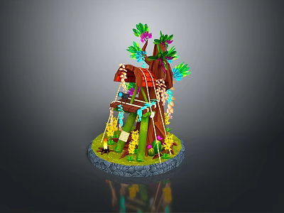 Enchanting Treehouse Building Structure With Wooden Trunk Colorful Leaves Swing and Grass Base 3d model