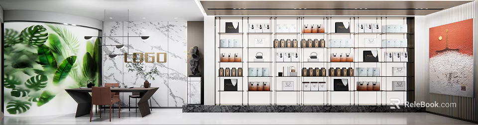 Modern Luxury Boutique Store With Marble Wall And Product Display Shelves 3d model 