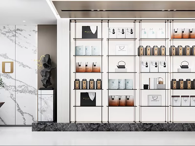Modern Luxury Boutique Store With Marble Wall And Product Display Shelves 3d model