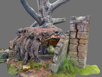 Ancient Tree Roots Embracing Stone Archway And Cracked Mossy Walls In Rustic Scene 3d model