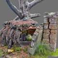 Ancient Tree Roots Embracing Stone Archway And Cracked Mossy Walls In Rustic Scene