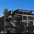 Modern Detached Villa Featuring Multiple Balconies Large Windows and Waterfront Trees Under Blue Sky